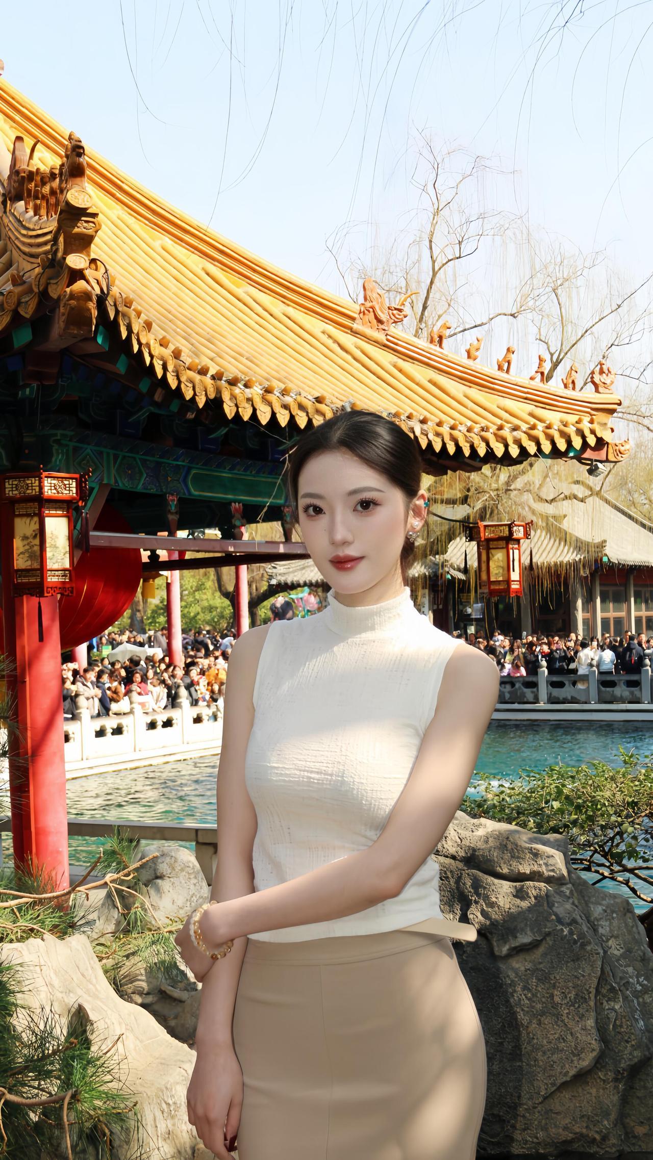 古典园林中的优雅女子，静谧与美丽并存。