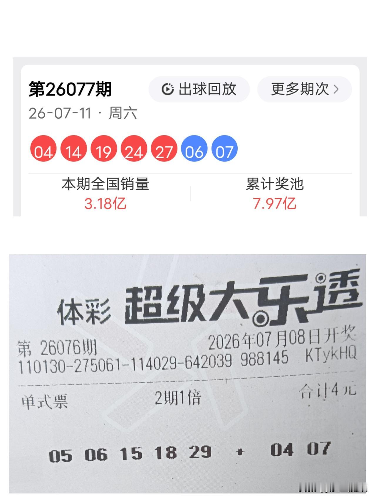 玩大乐透感觉被主任针对了！就说我选号，后区要的是04、07，结果前区4尾出