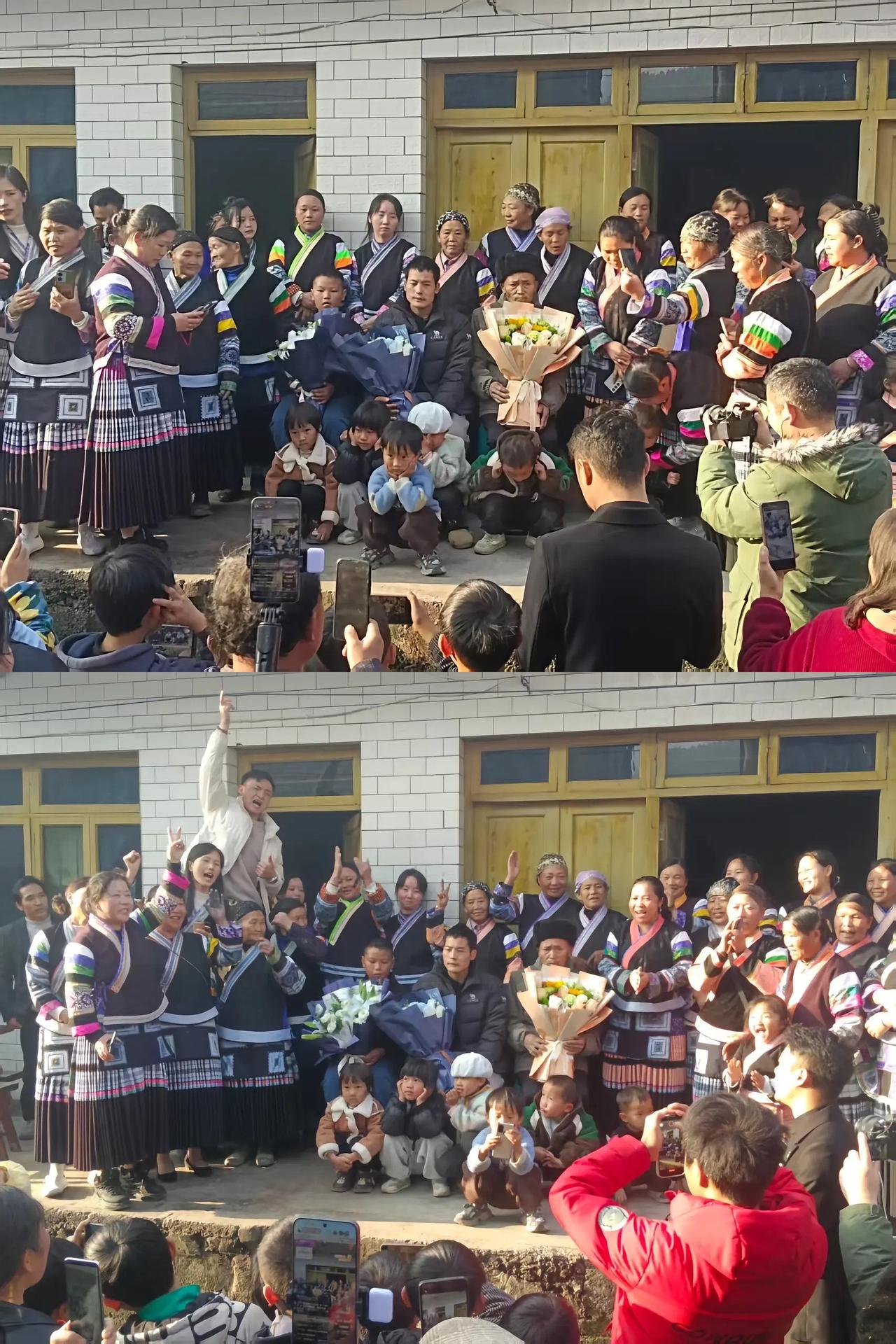 刀疤哥回家了！村民列队欢迎刀疤哥回村，亲戚手捧鲜花欢迎刀疤哥回家。刀疤哥手拿