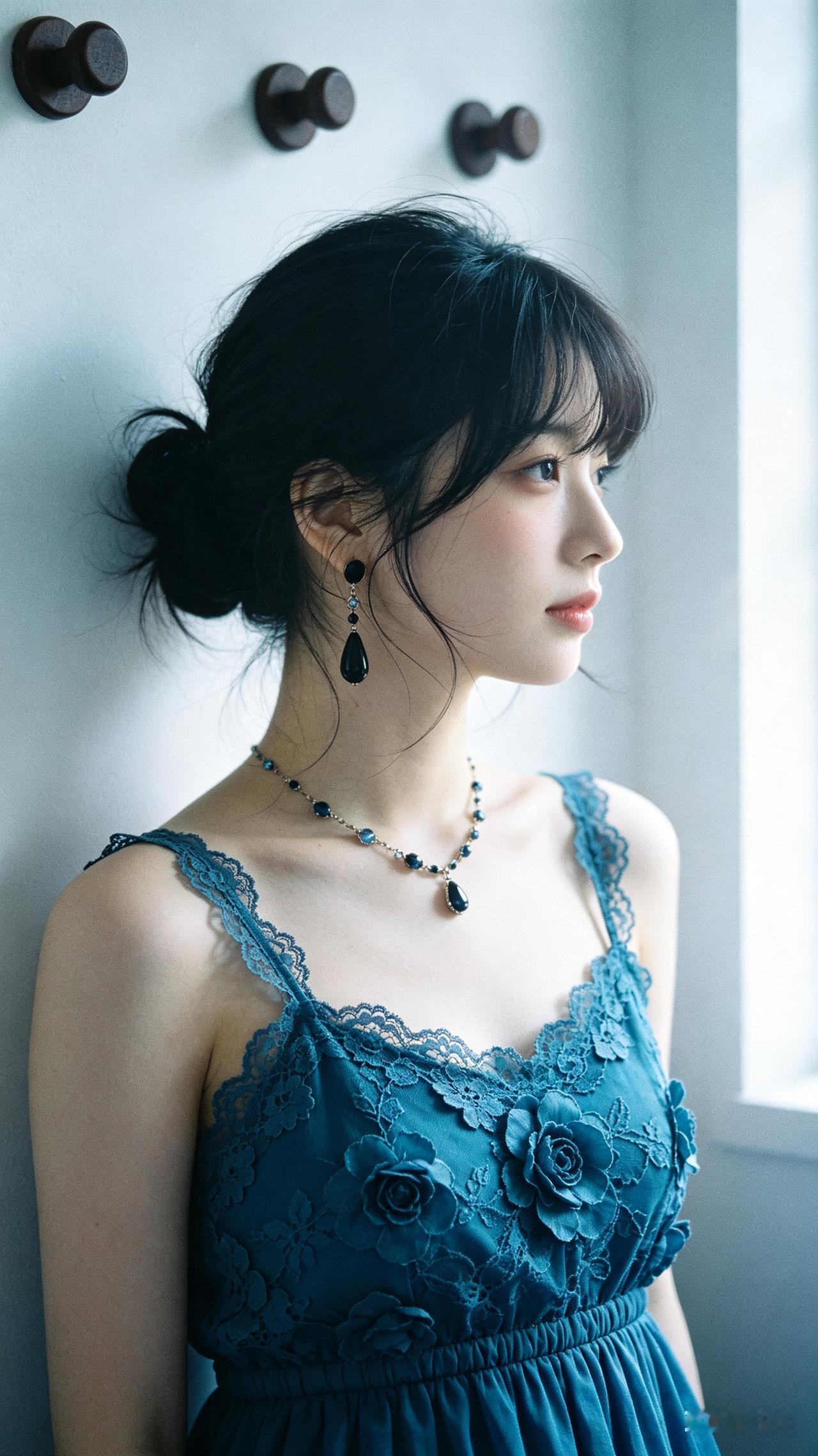 娃娃脸女子低盘黑发，孔雀蓝蕾丝吊带，复古长款耳饰。窗边柔光，复古CCD胶片颗粒质