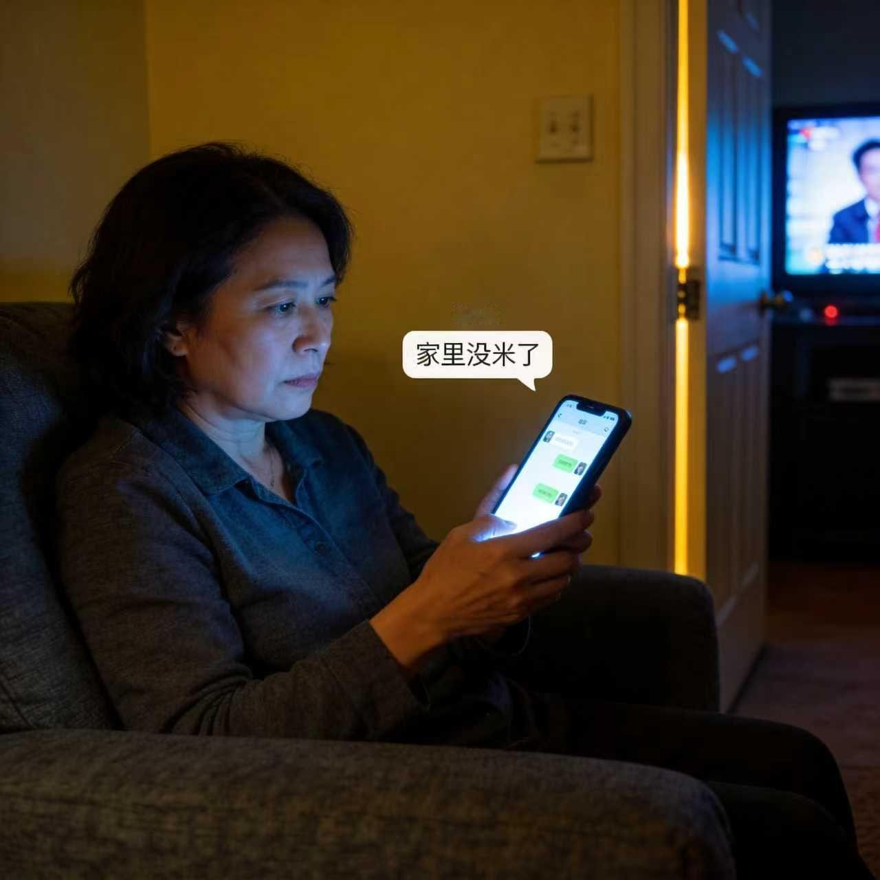 昨天回娘家拿东西，没打招呼就进了门。客厅没开灯。我妈一个人坐在沙发上，手机屏