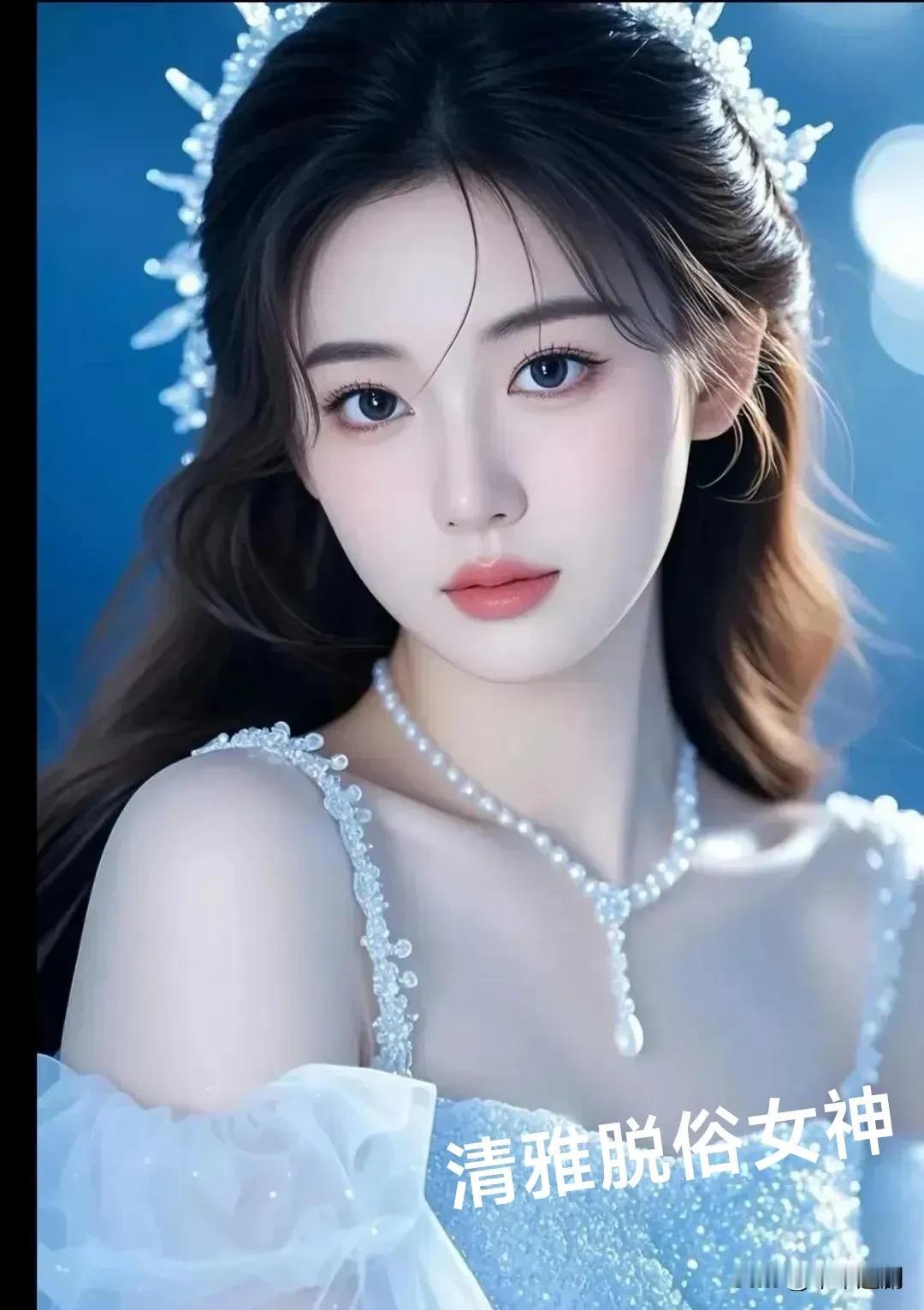 在幽蓝光影中，珍珠与晶饰交织出梦幻，她身着清透华服，宛如从星河坠入凡间的精灵，每