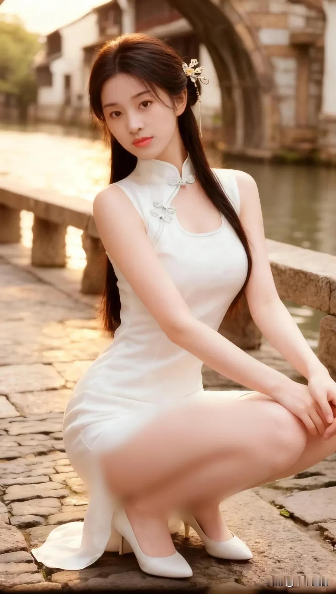 白旗袍映着江南水色，一颦一笑都成了画里的诗。江南风旗袍照江南美女旗袍