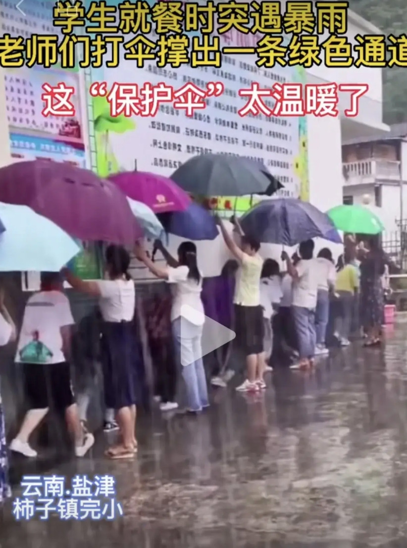 全世界最强的保护伞！云南盐津一所小学，学生中午放学去食堂吃饭的时候下起了大雨。在