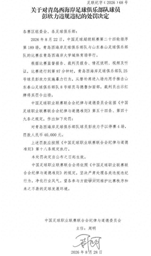 只罚彭欣力4场4万！齐鲁德比罚单出炉，球童、郑智争议为何只字不提？8