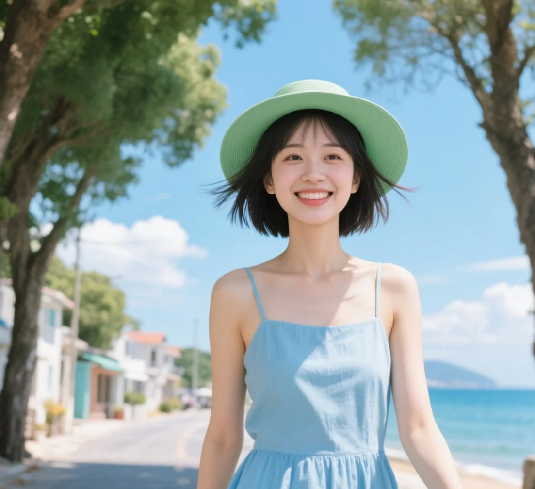 她走在沙滩上，像是从画里走出来的人