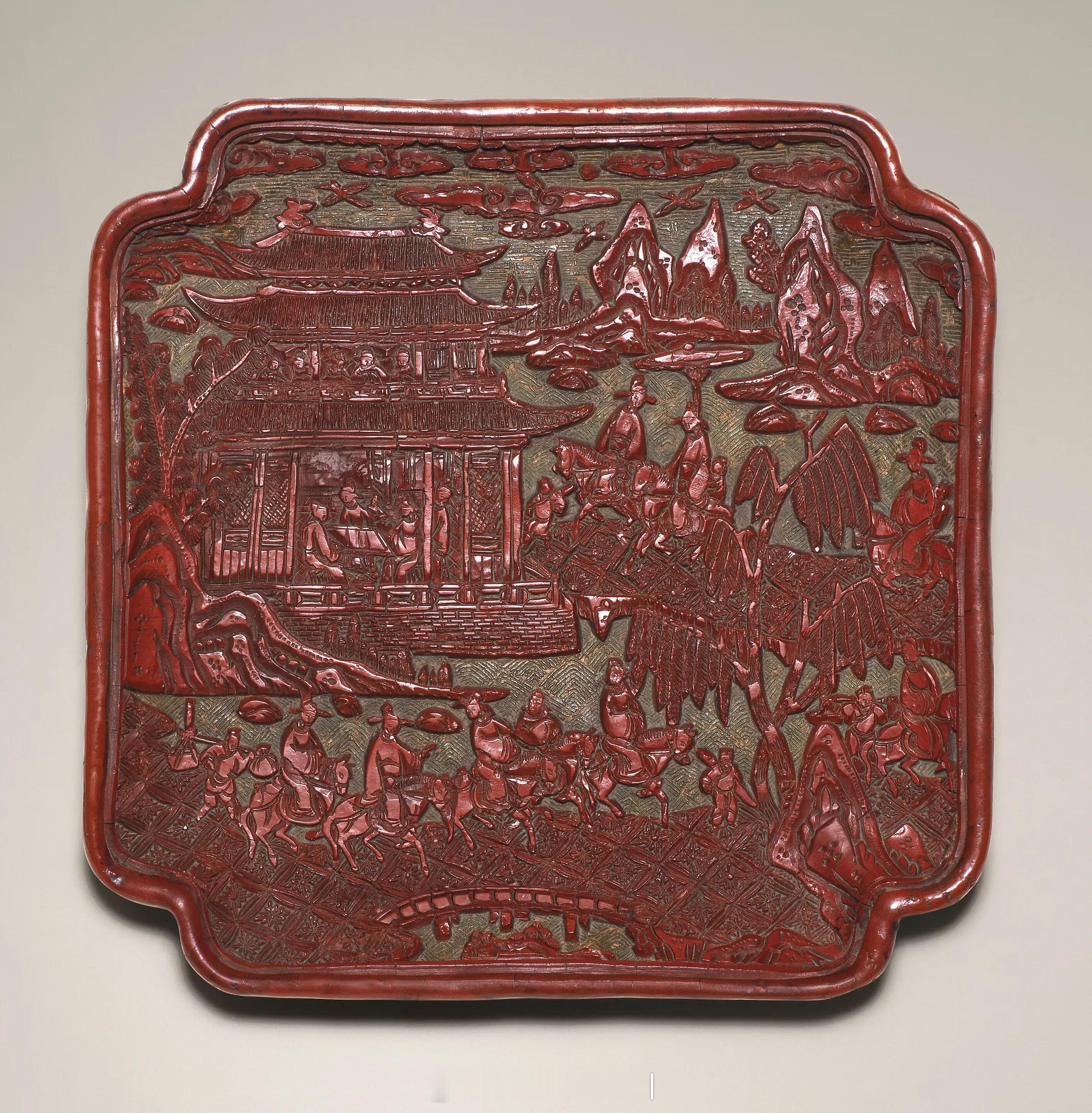 髹饰录|十五/十六世纪剔彩宴游图倭角方盘来源：胡世昌医生（1924-200