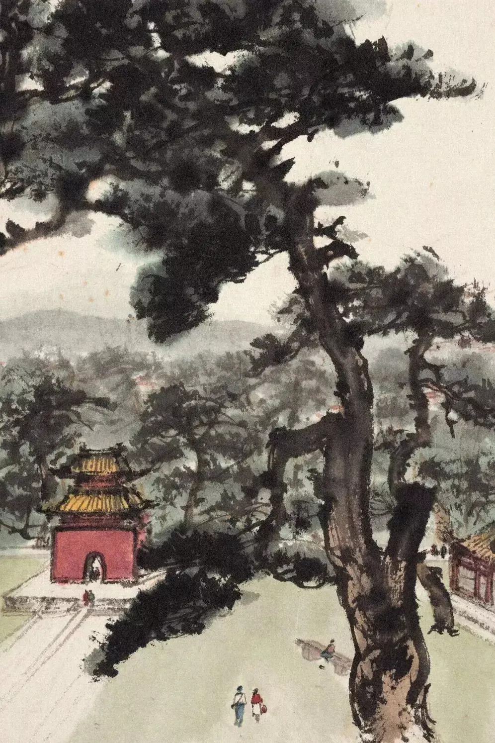 傅抱石《东陵南望》，镜心 设色纸本28×46.5cm。画中傅抱石用极其流畅的
