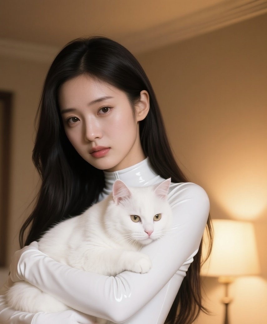 娇俏佳人全副武装，怀中萌猫惹人怜爱