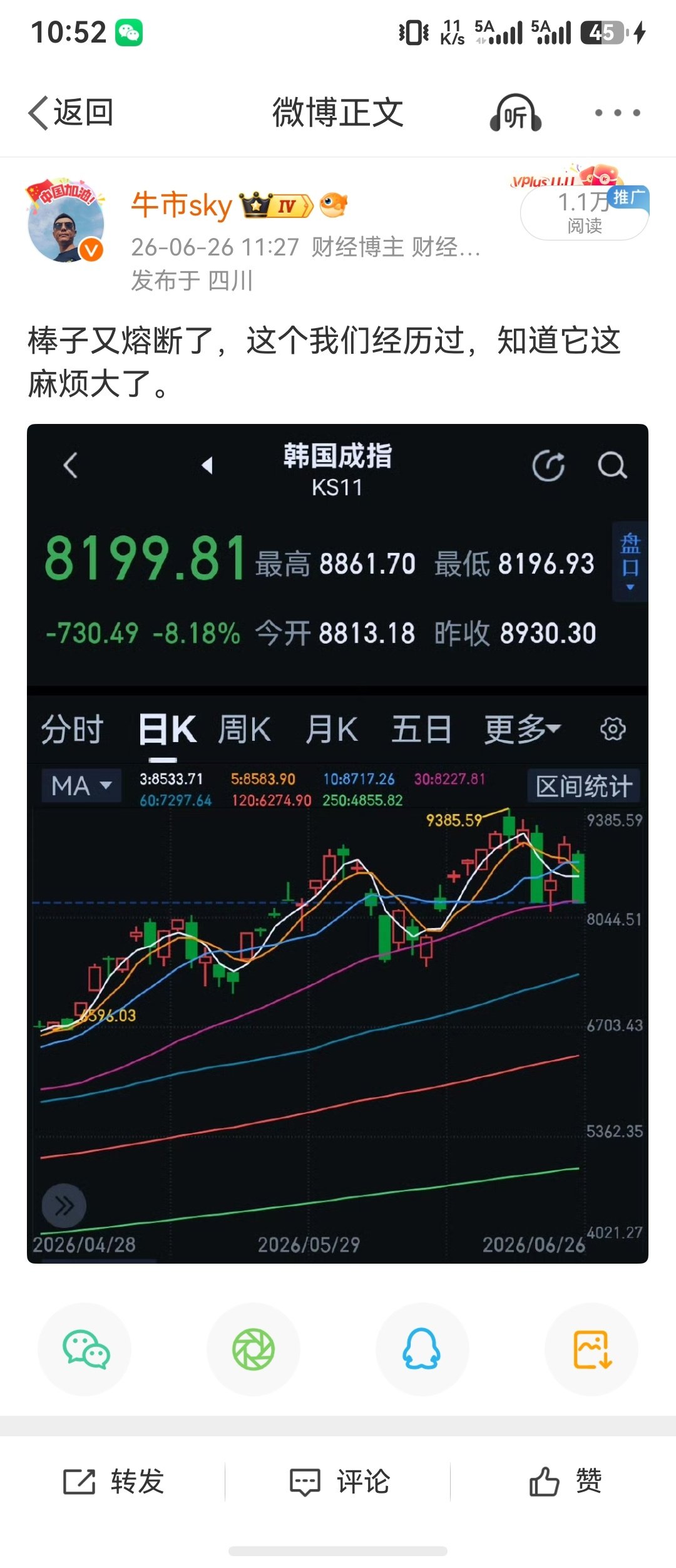 当年我们熔断可不是一波，现在韩国发生的和我们那次一样，很麻烦。​