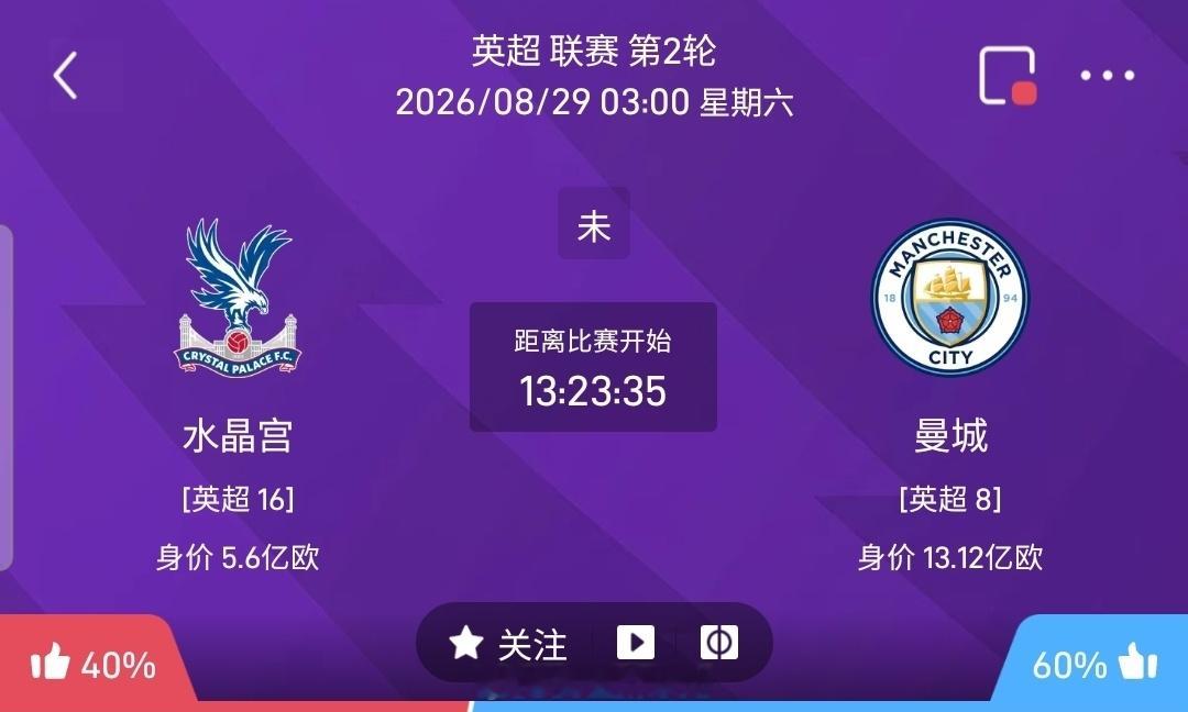 【足球】周五011英超方向：水晶宫vs曼城英超水晶宫VS曼城比赛时间：20