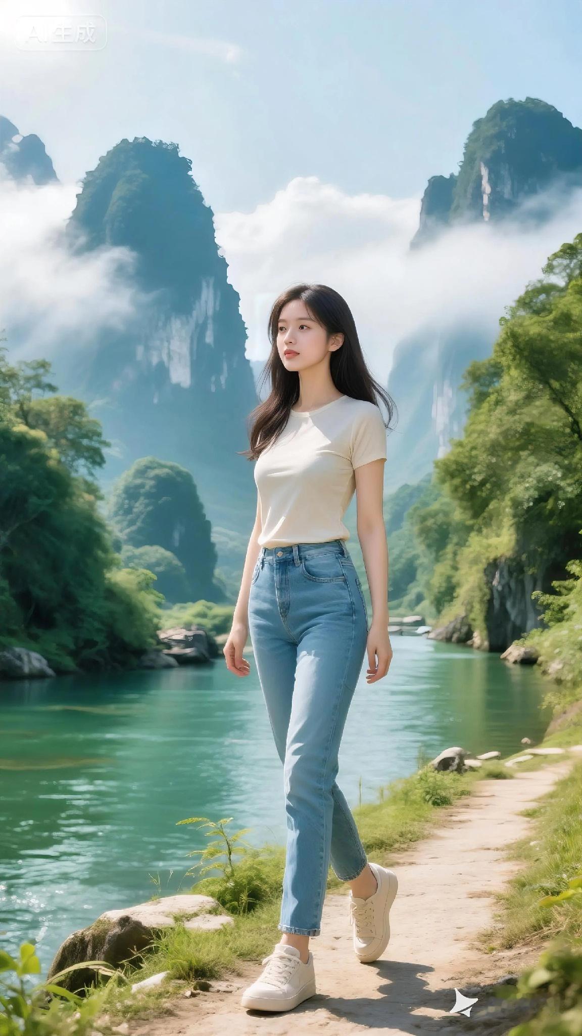 微风轻拂，刚好撩动发丝阳光也温柔得恰到好处。你看她身后，远山如黛，近水含烟，整个