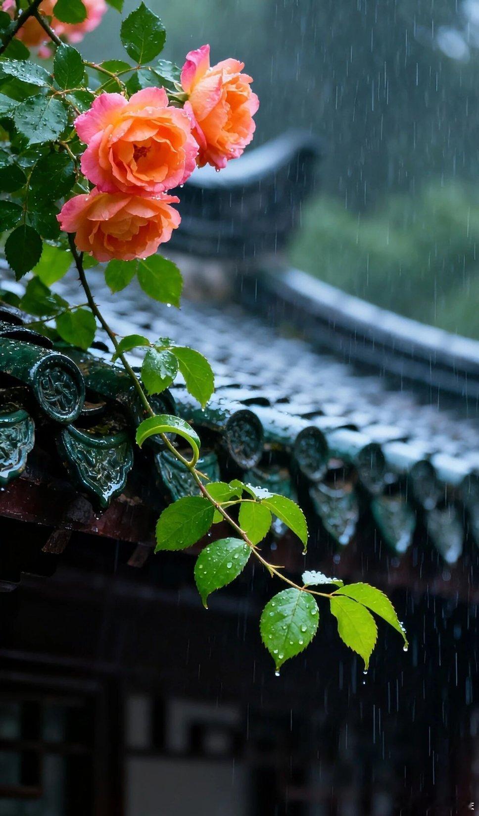庭院雨中月季花朵精美壁纸