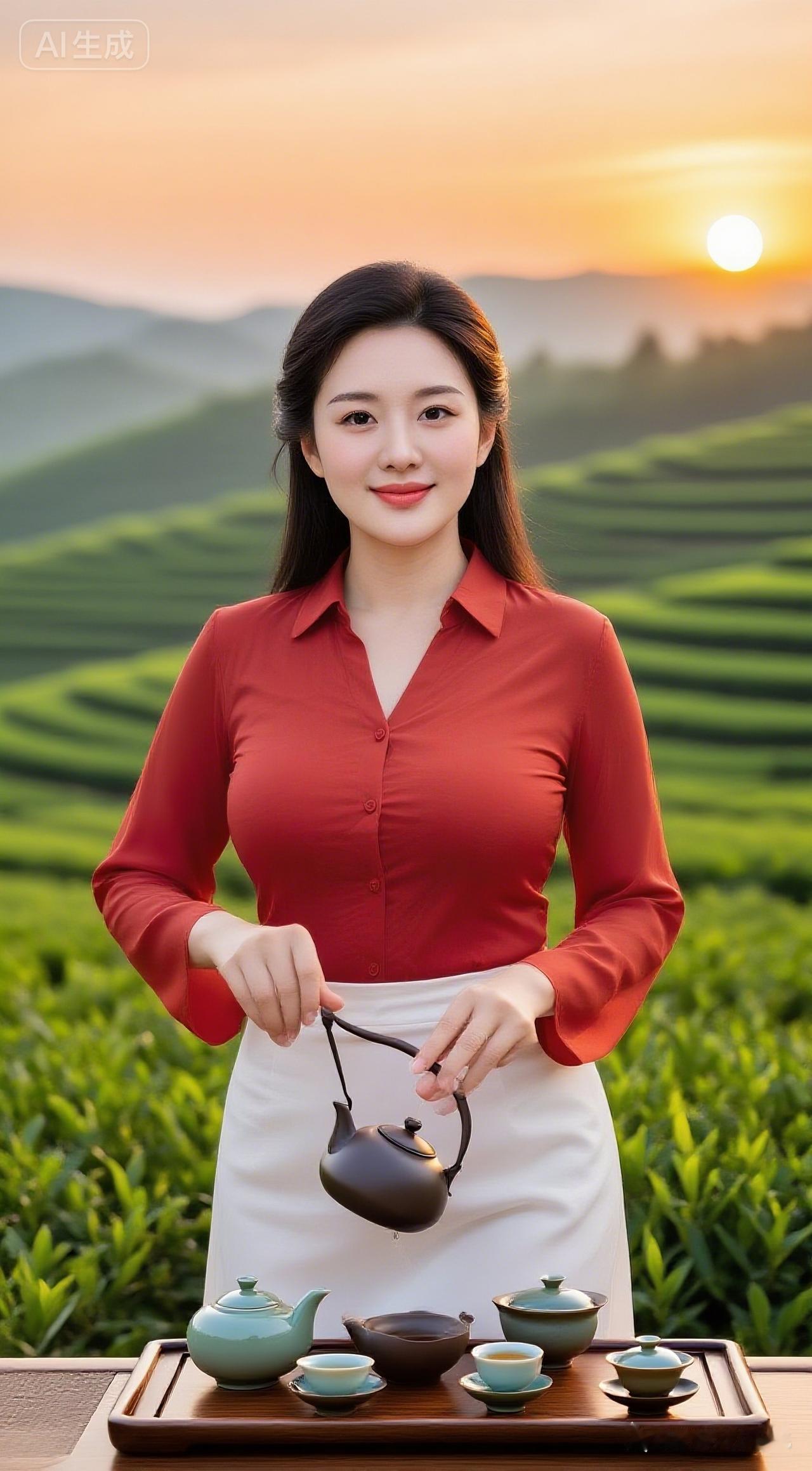 夕阳下的茶艺师，茶香四溢，静享美好时光。