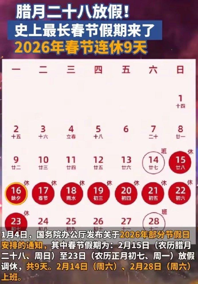 一是长达9天，二是腊月二十八就开始放了。​什么时候只放假，不调休才是最合理的