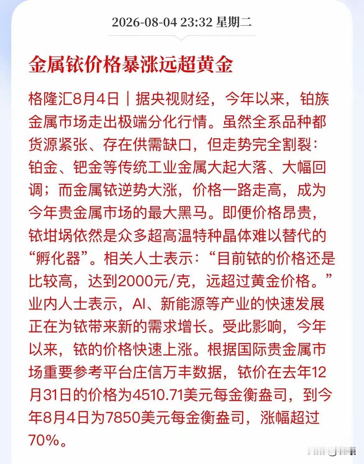 疯了！这东西一克2000块，比黄金还猛，A股里谁受益？​贵金属市场杀出大黑马！