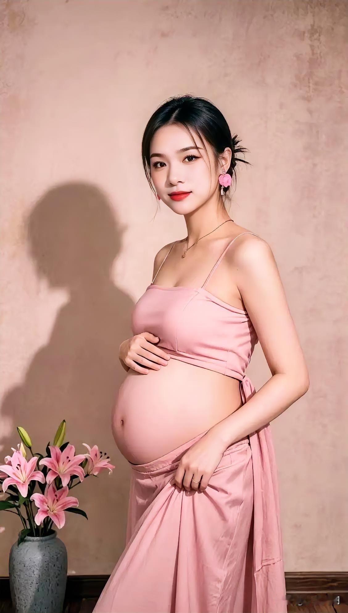 温柔孕味写真，身着粉色连衣裙，手捧花束，幸福满溢。温柔孕味写真浅裙孕照鲜花