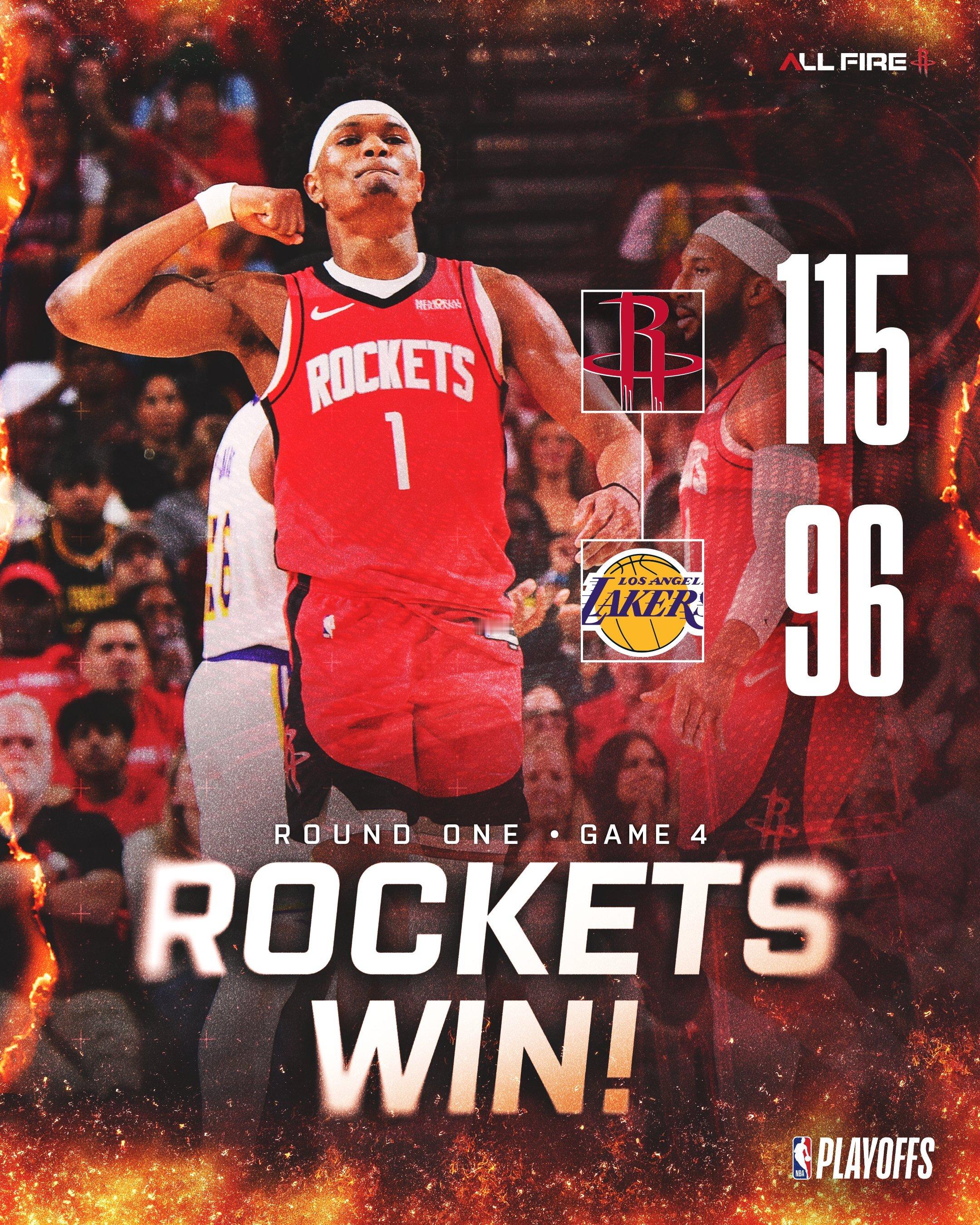 全场比赛结束！火箭115-96湖人！阿门23分4板7助、伊森20分8板2助5断、
