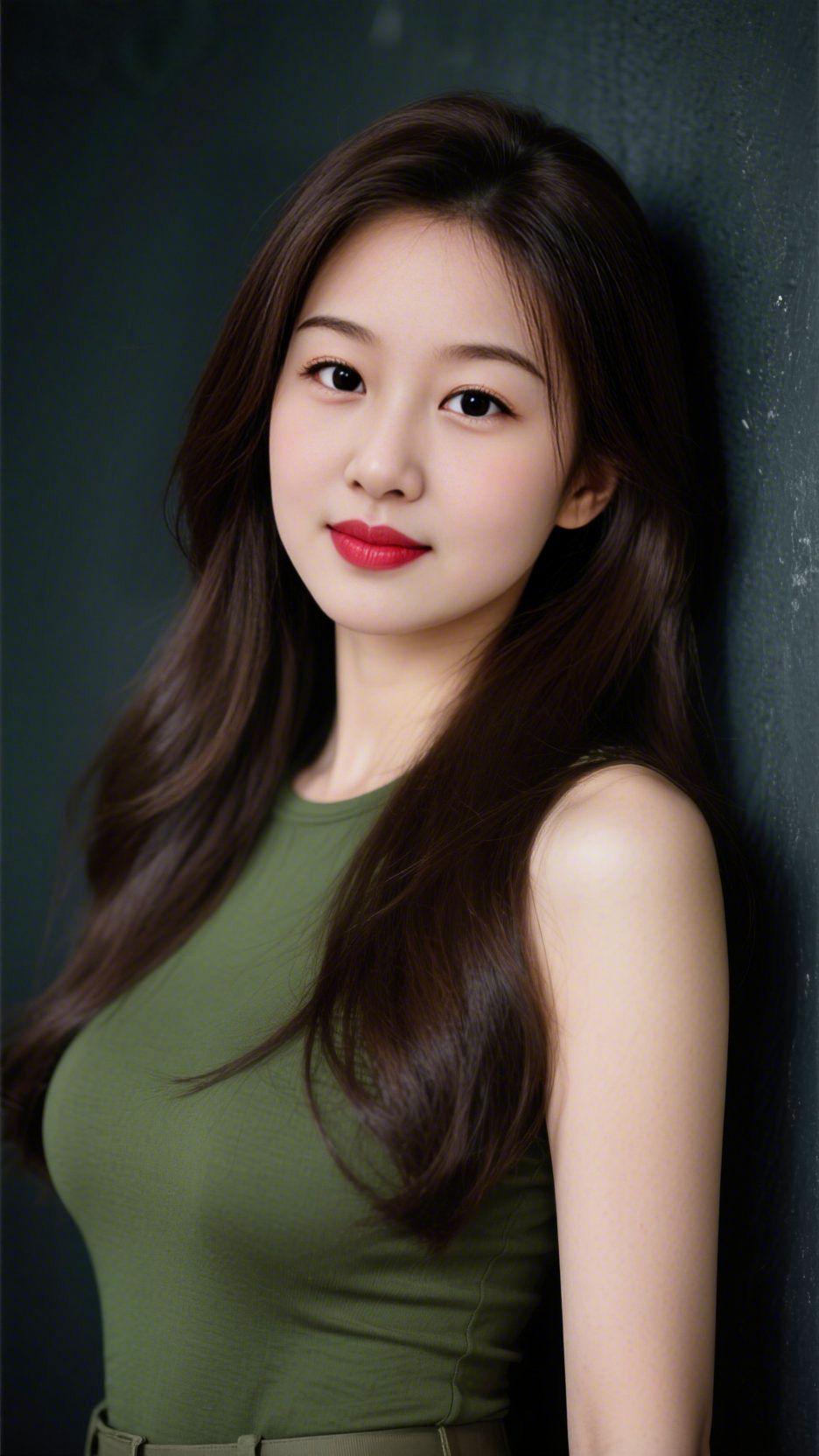 《墨绿里的轻柔时刻》深静的背景前，她身着墨绿无袖衫，像将暮春的温软织进了衣