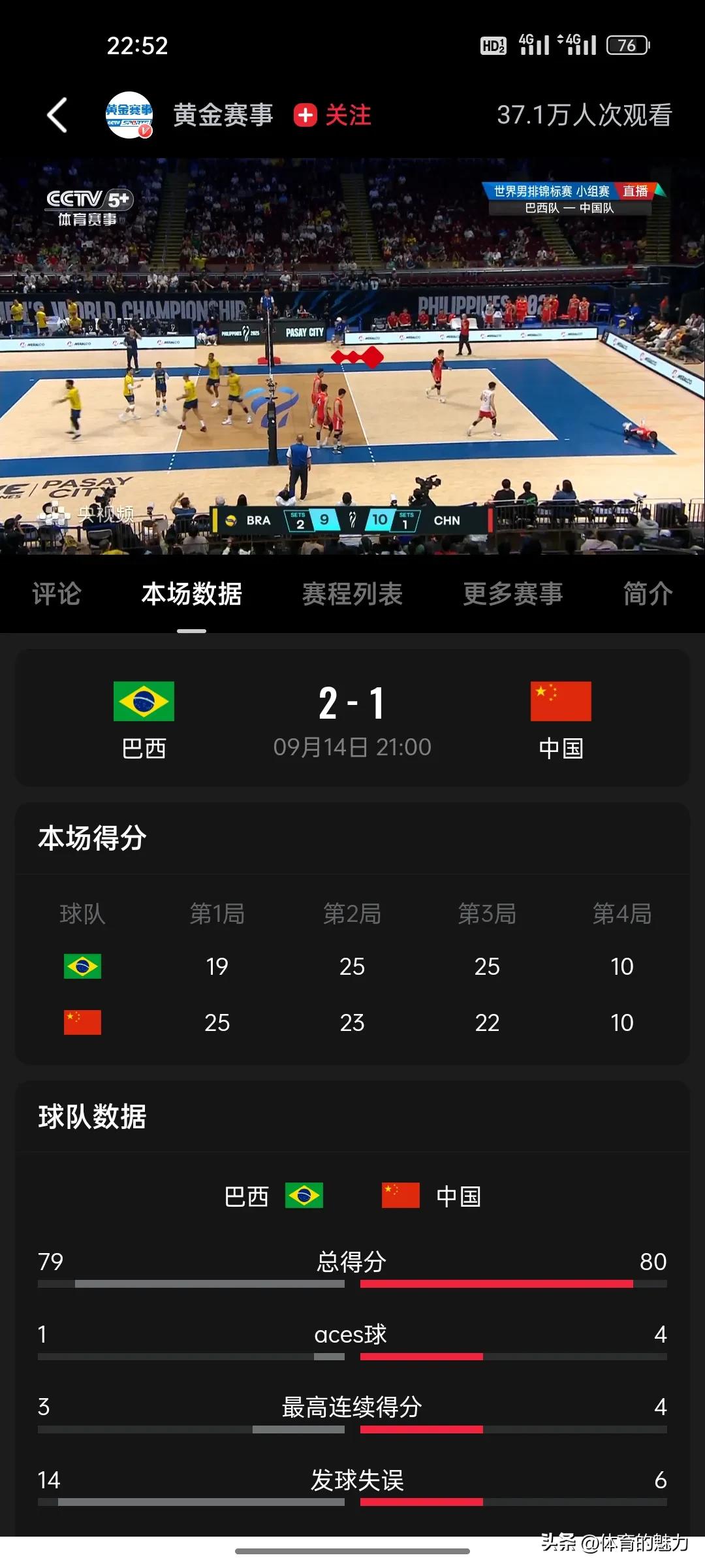 9月14日晚，世界男排锦标赛小组赛中国队对阵巴西队的比赛中，中国男排第一局给了巴