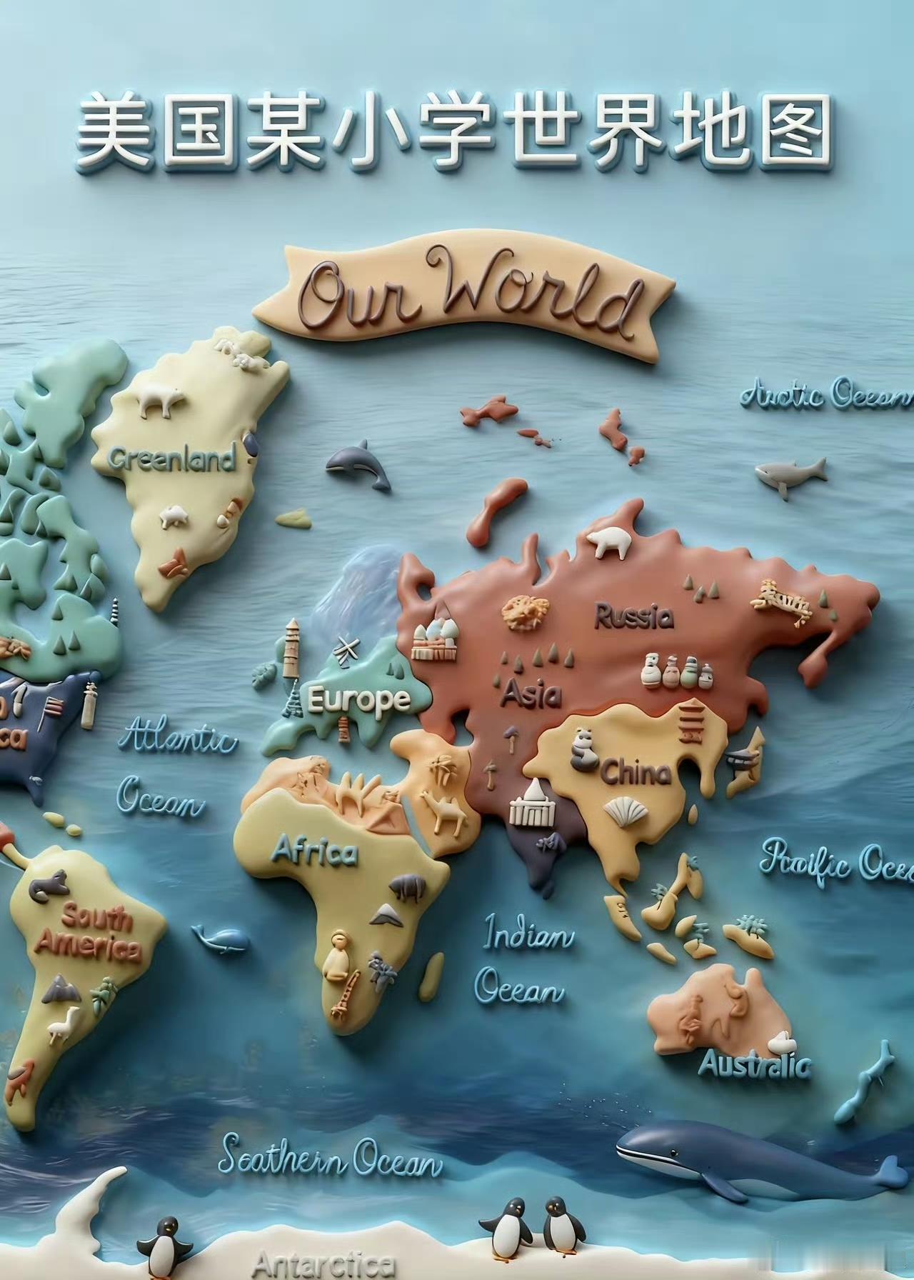 美国小学课本的世界地图。没错，在许多人眼里，世界地图就是这样。亚洲只有两个国家