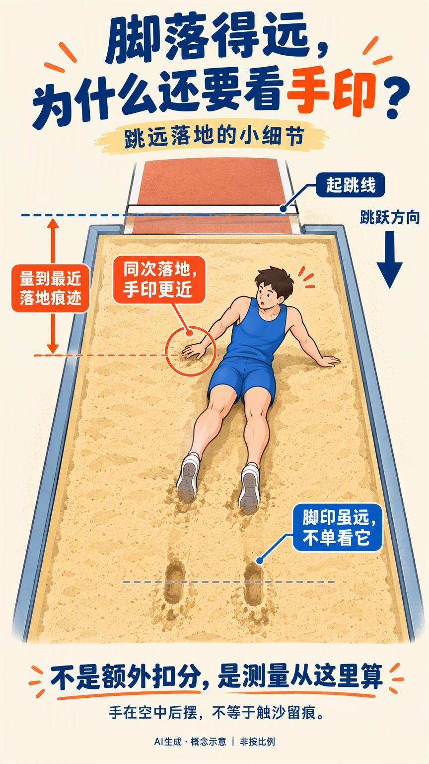 脚已经落得很远，身后的手印怎么还算数？#跳远成绩为什么不只看脚后跟#看跳远，眼睛很容易追着双脚走：脚