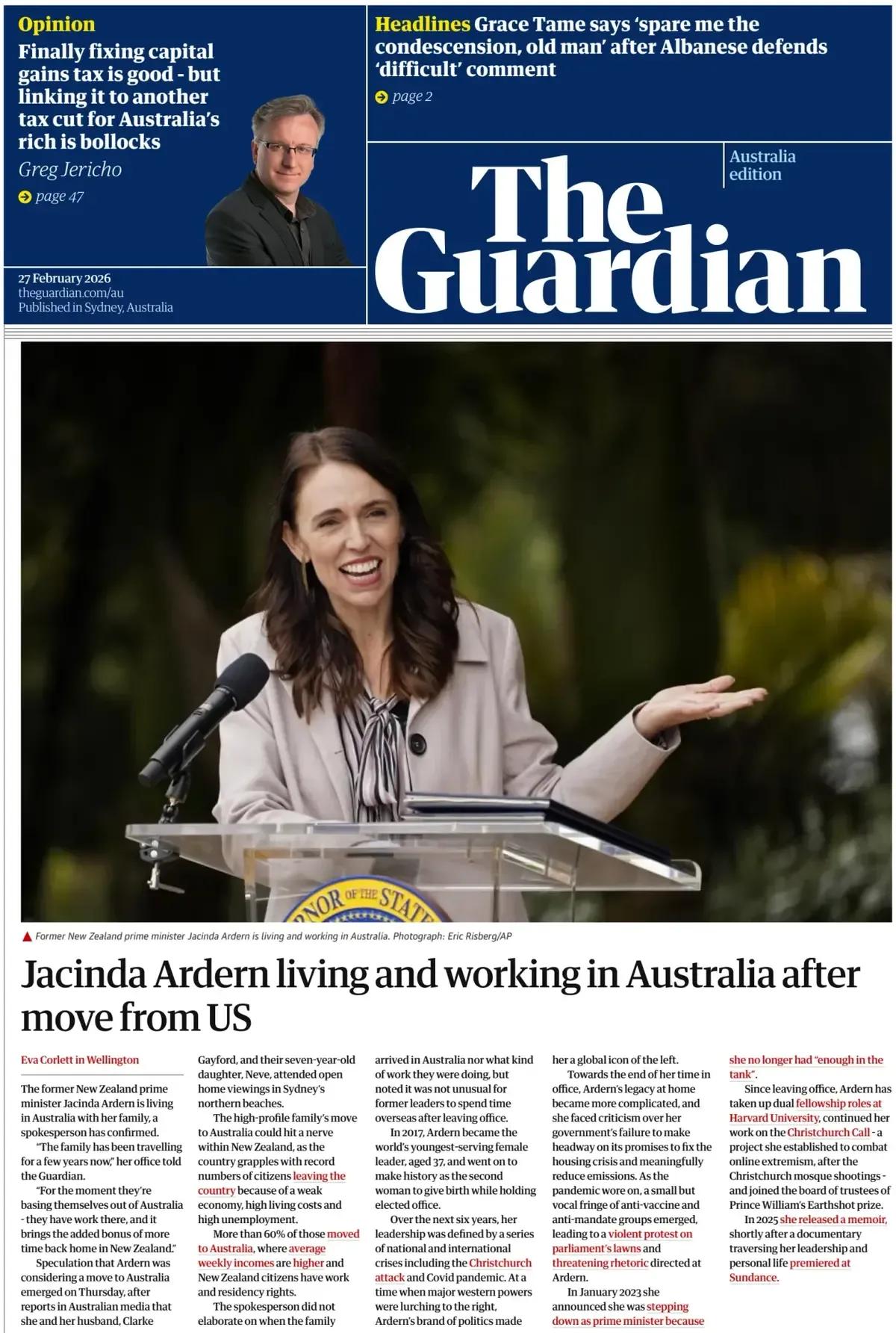 一位发言人证实，新西兰前总理杰辛达·阿德恩和家人现居住在澳大利亚。她的办公室告