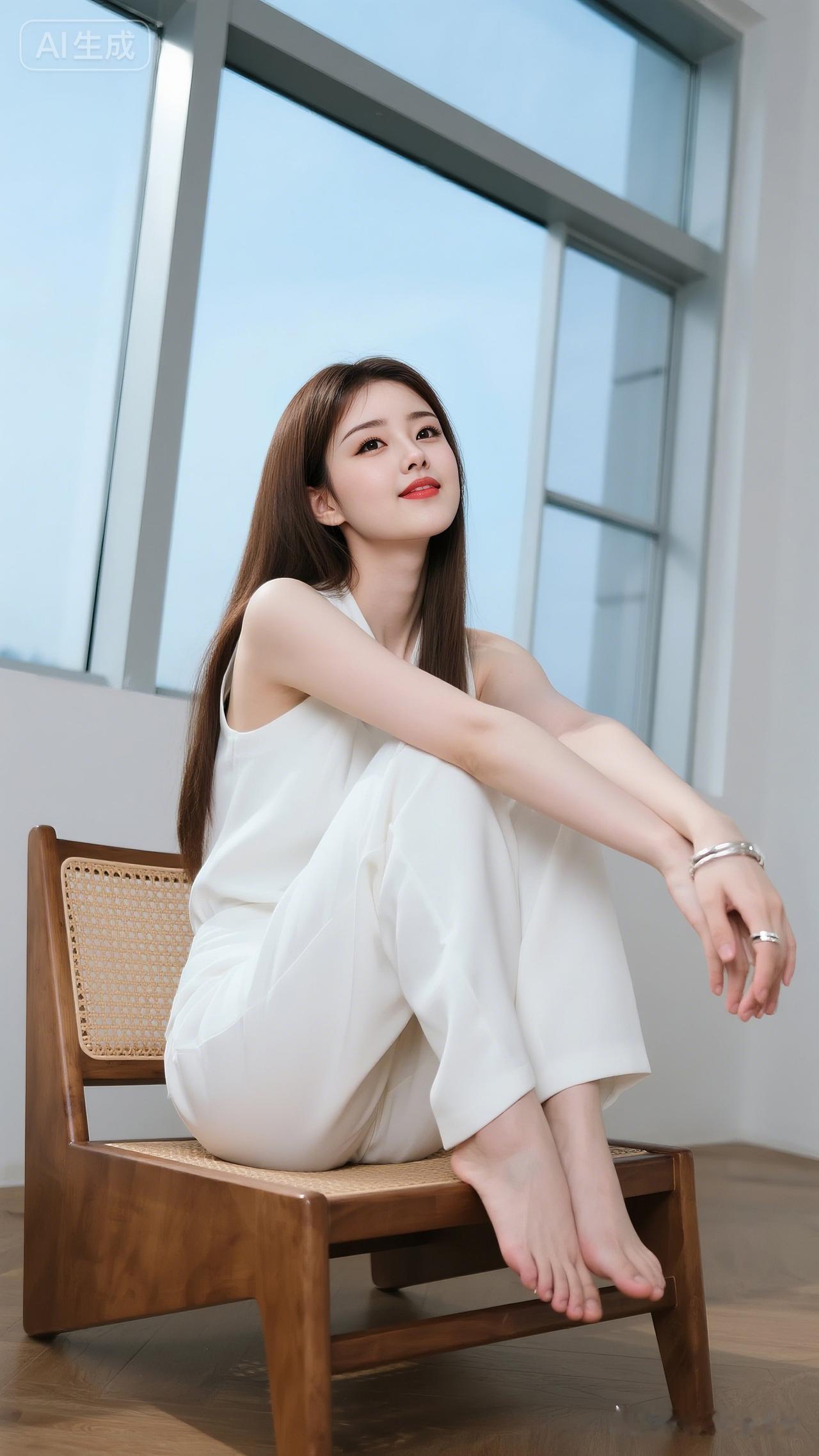 都市少女棕长直发配细圈银镯，身着纯白简约套装。赤足蜷坐实木椅上，于通透窗景素净空
