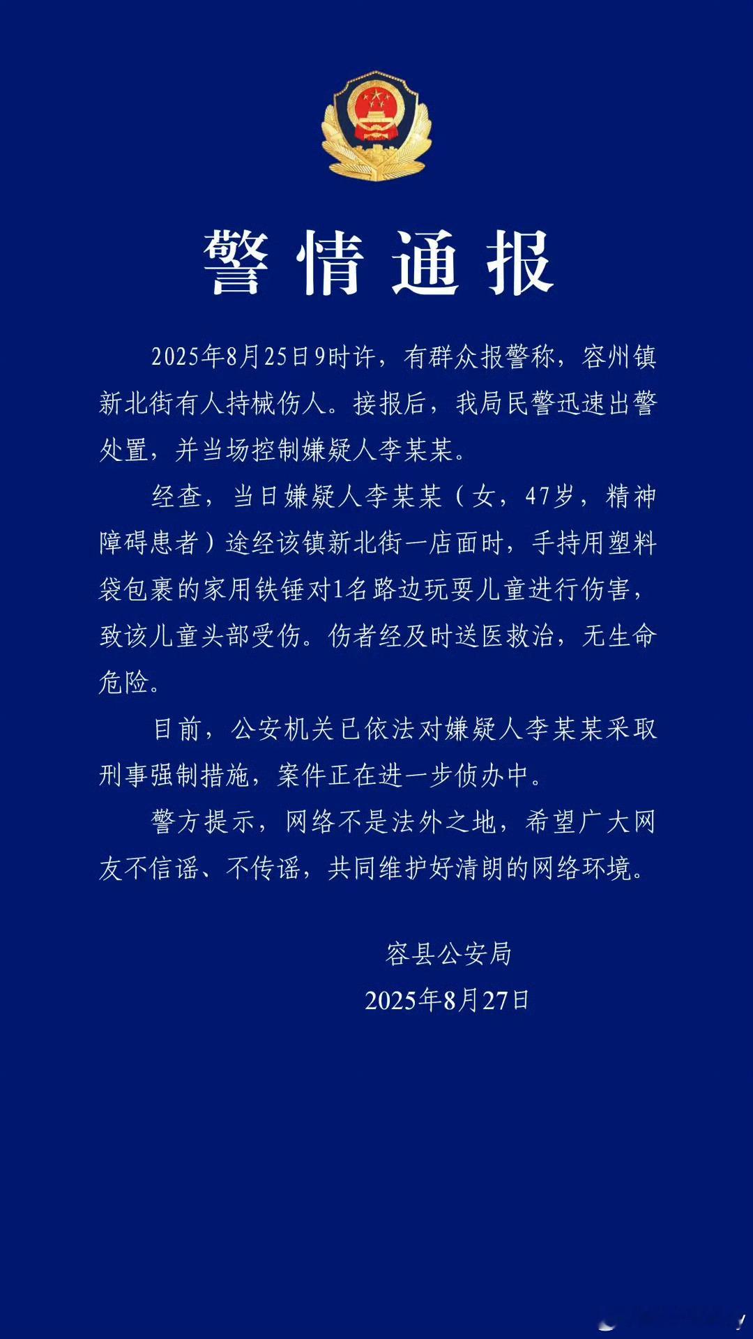 警方回应女子用铁锤砸伤男童中间就隔了一天，发生了两起女精神病人伤害男童的案件[思