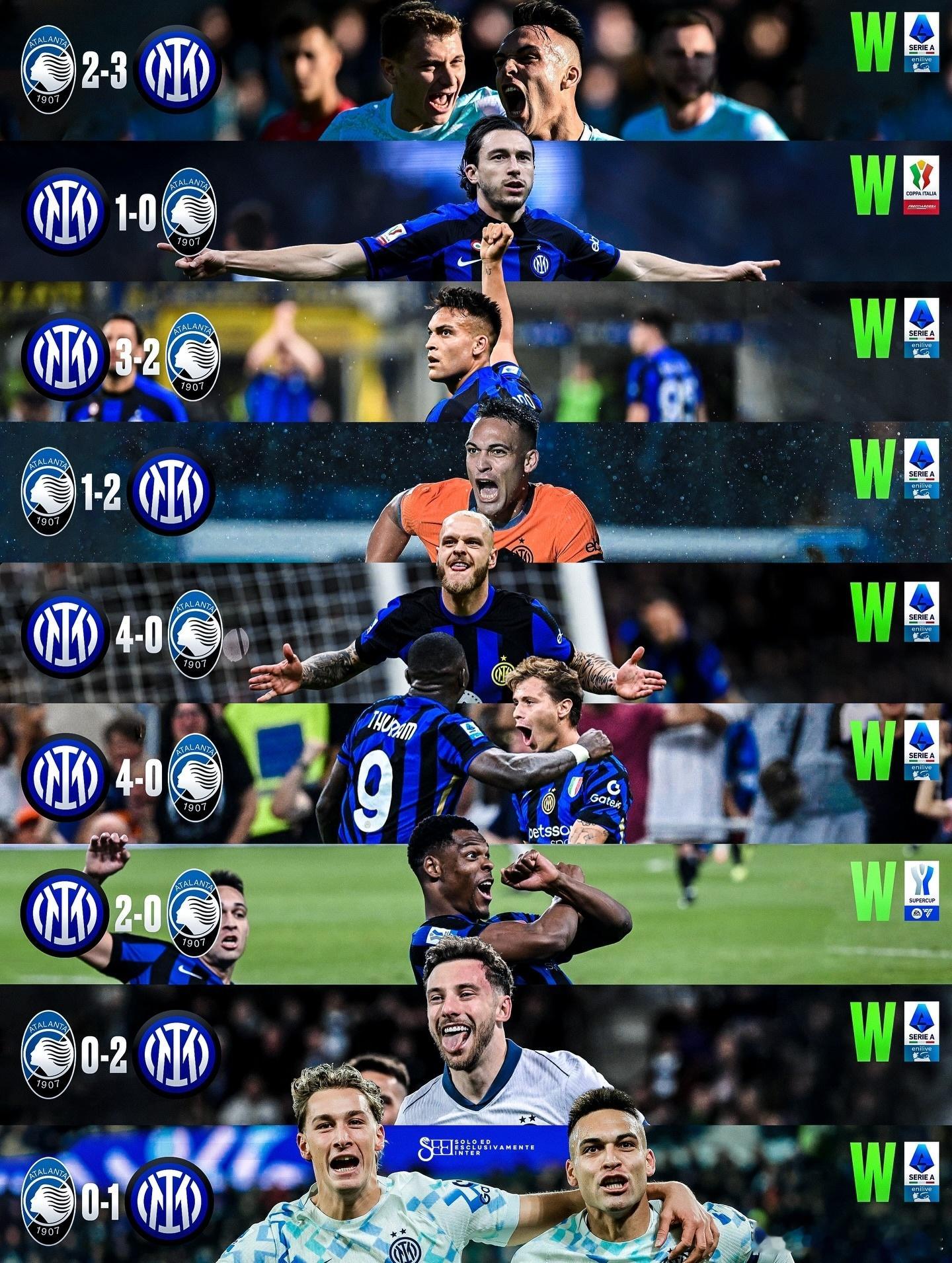 国际米兰对亚特兰大9连胜，16场不败，上一次输给对方还是2018年。肥料口中的送