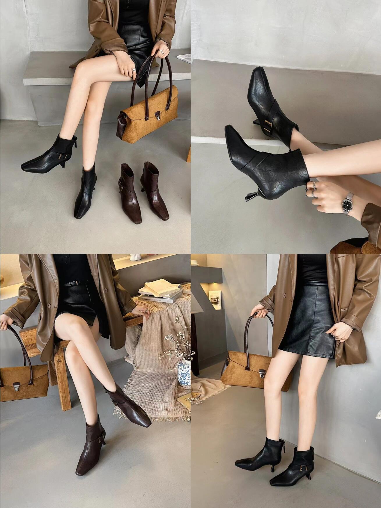 时尚鞋履复古方头高跟靴子，秋冬高级感直接焊死！👢核心亮点：复古方头，细节精致