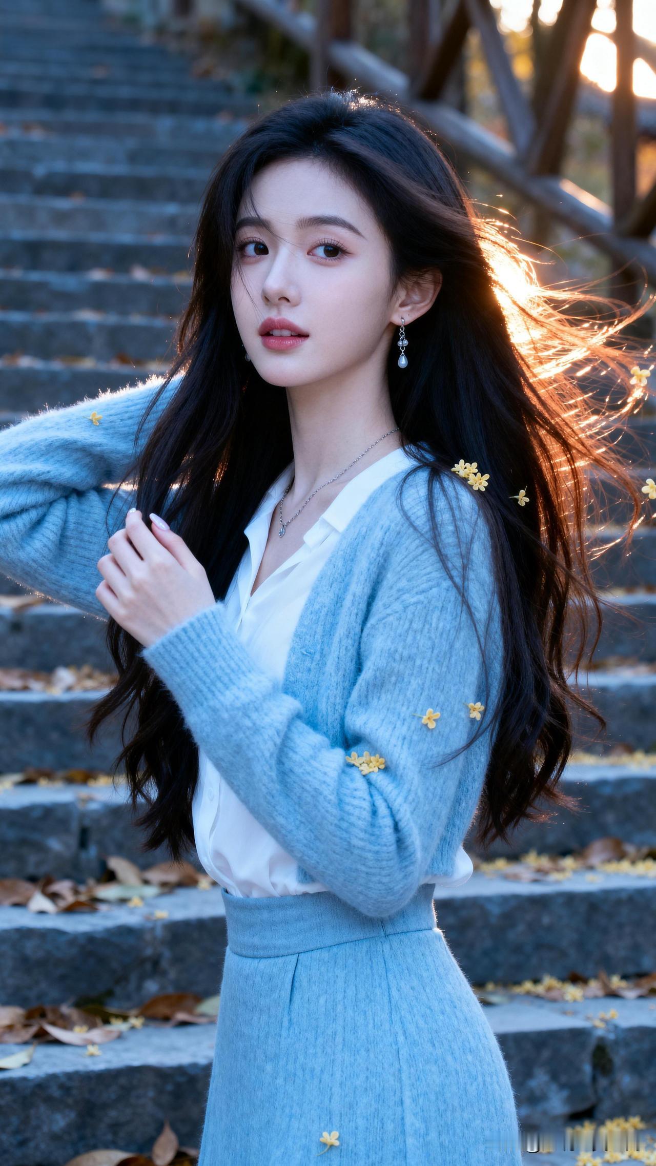 秋风拂面，长发飘逸。怎样穿搭知性又显身材?秋日暖阳下，少女漫步在落叶铺满的台阶