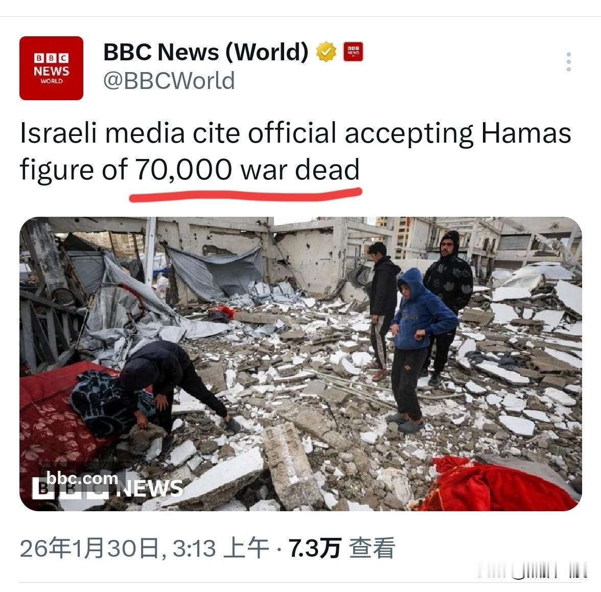 以色列终于承认加沙丧生人数超过7万人。此前以色列采取的是完全否认的态度。并且