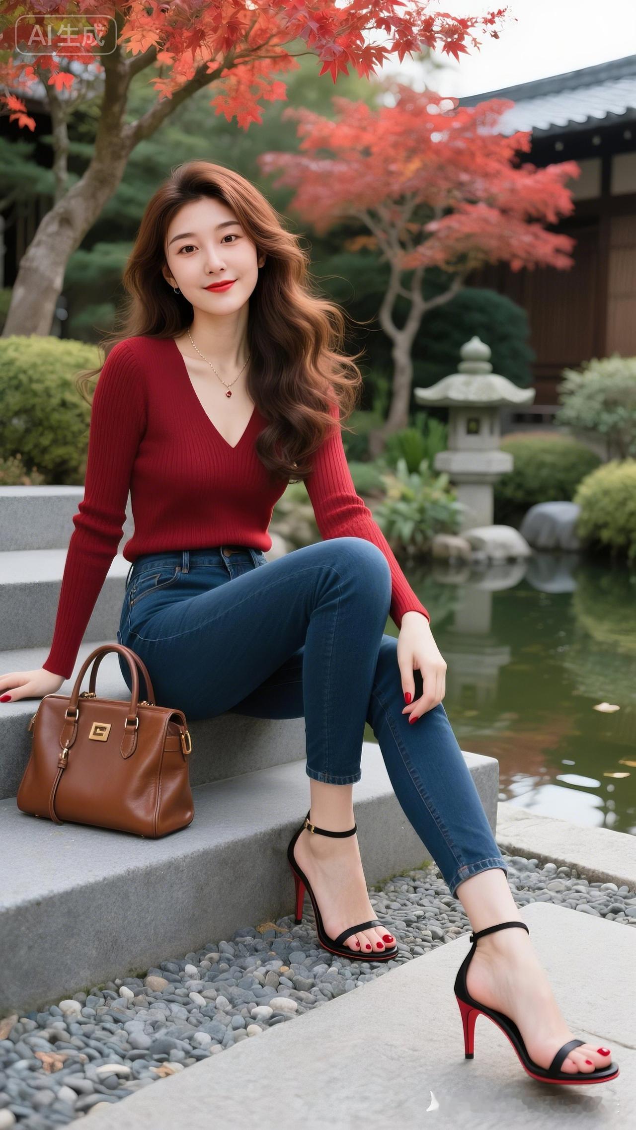这位女士在公园里拍照，背景很美。