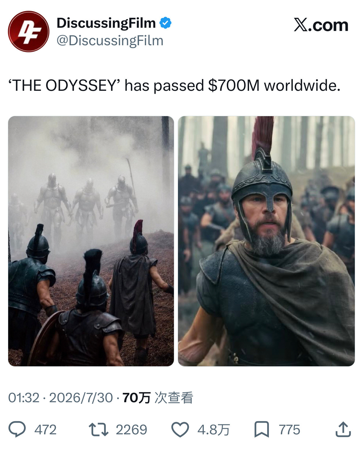 TNABO《奥德赛》全球上映14天票房：7.279亿美元票房华纳兄弟2026各