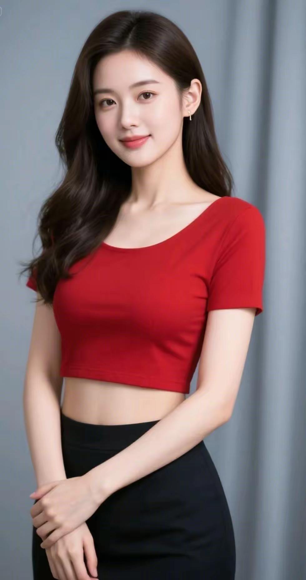 这位小姐姐穿着红色短上衣，搭配黑色裤子，显得非常时尚和有活力。