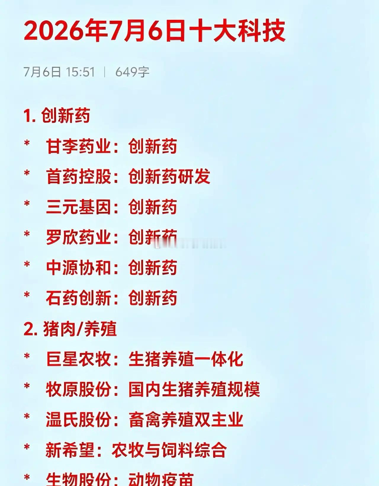 2026年7月6日十大热点科技及其产业链核心龙头1.创新药*甘李药业：创