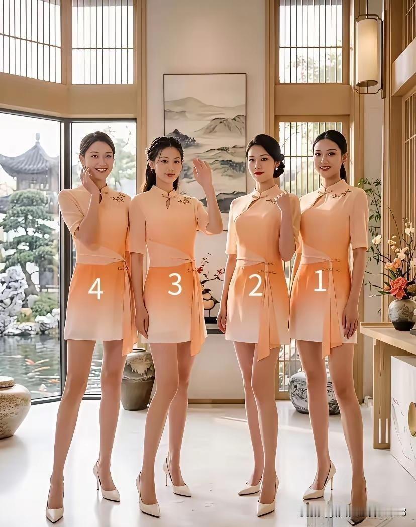 四位小姐姐穿着同款新中式旗袍站成一排，真的让人眼前一亮！虽说衣服是一模一样