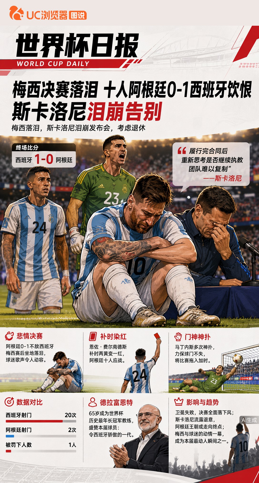 梅西决赛落泪，十人阿根廷0-1西班牙饮恨，斯卡洛尼泪崩告别