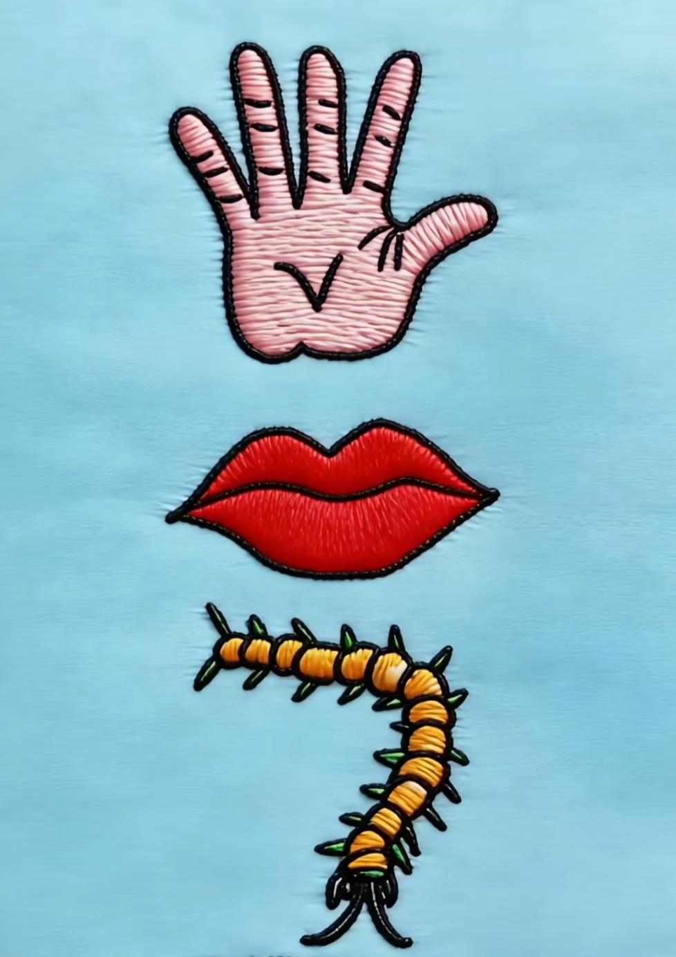 手、嘴、蜈蚣，这图案真奇怪！还有一个酒瓶。嘴说了不行，这个词语很简单。