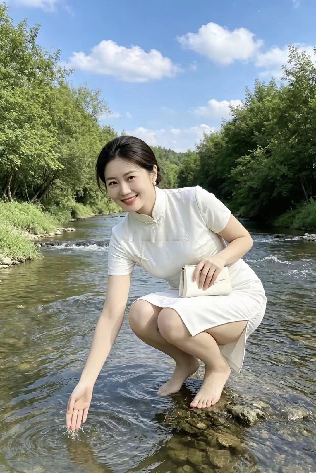 水美，景美，人更美！你的容颜比溪水清澈，你的美貌，温柔的像六月湖面，留连往返！男