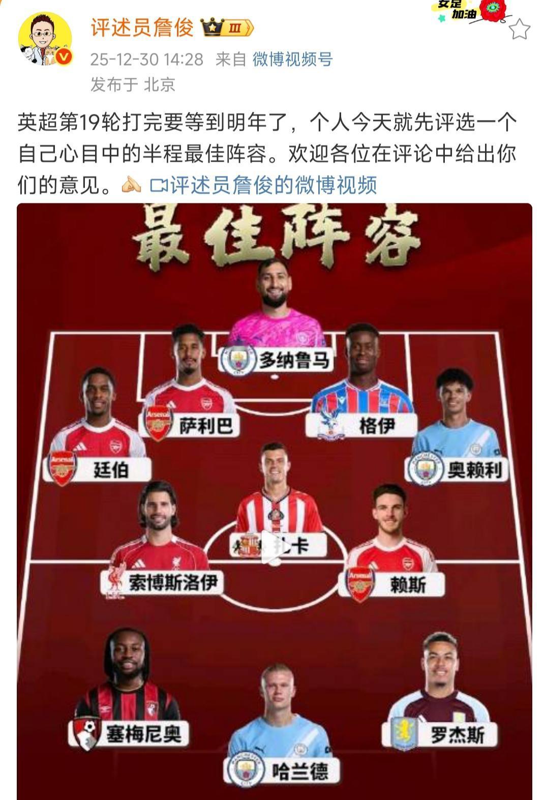 詹俊评出英超半程最佳阵容。哈兰德，塞梅尼奥，罗杰斯，我也认为他们是最佳。