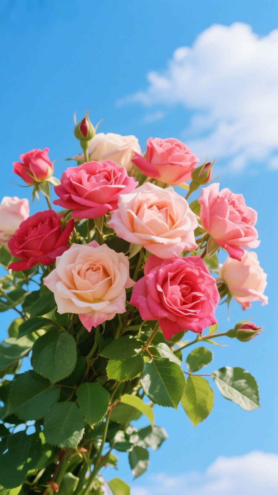 风遇花温柔晴空铺展成澄澈的蓝，云朵轻软如棉，一束玫瑰迎着风盛放，粉与浅杏的