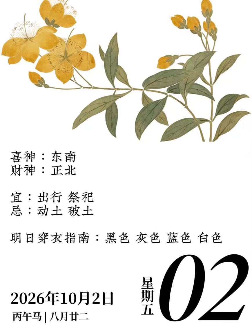 焕祥通胜2026年10月2日，星期五，农历八月廿二，丁酉月己酉日喜神：东南财神：