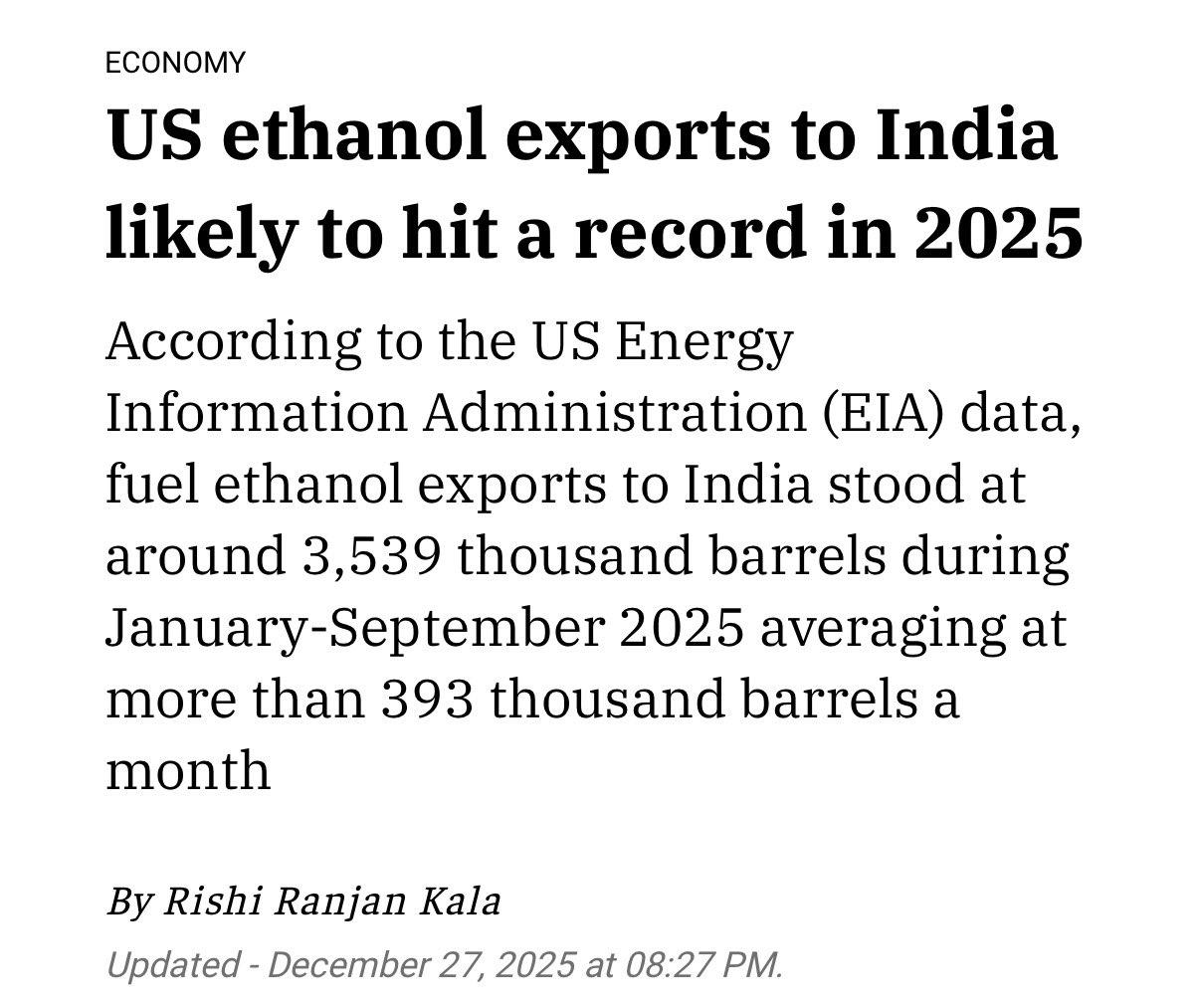 美国前三季度向印度出口乙醇数量达历史新高，于是印度就有人问了，为什么不从美国引进