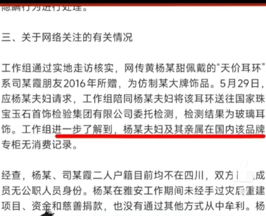 黄杨钿甜事件最新调查结果显示，主要问题均不成立：未贪污赈灾款，耳环为仿制品，家人