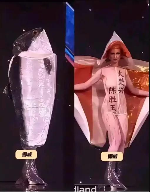 鱼腹丹书？挪威小姐在2025年环球小姐大赛上，身着极具特色的三文鱼主题民族服