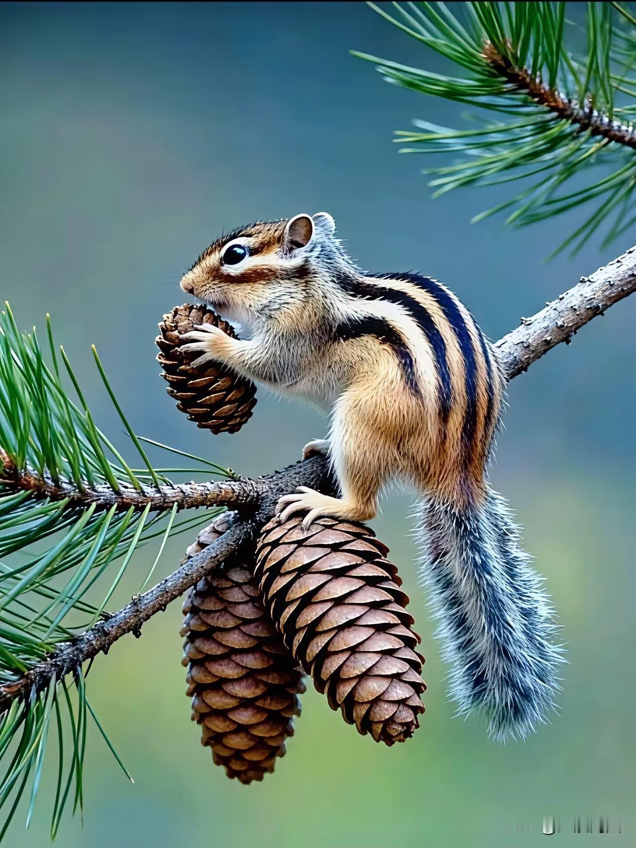 小松鼠在松树上啃着松果，模样可爱极了，生动的姿态让人忍俊不禁！软萌小松鼠松树上