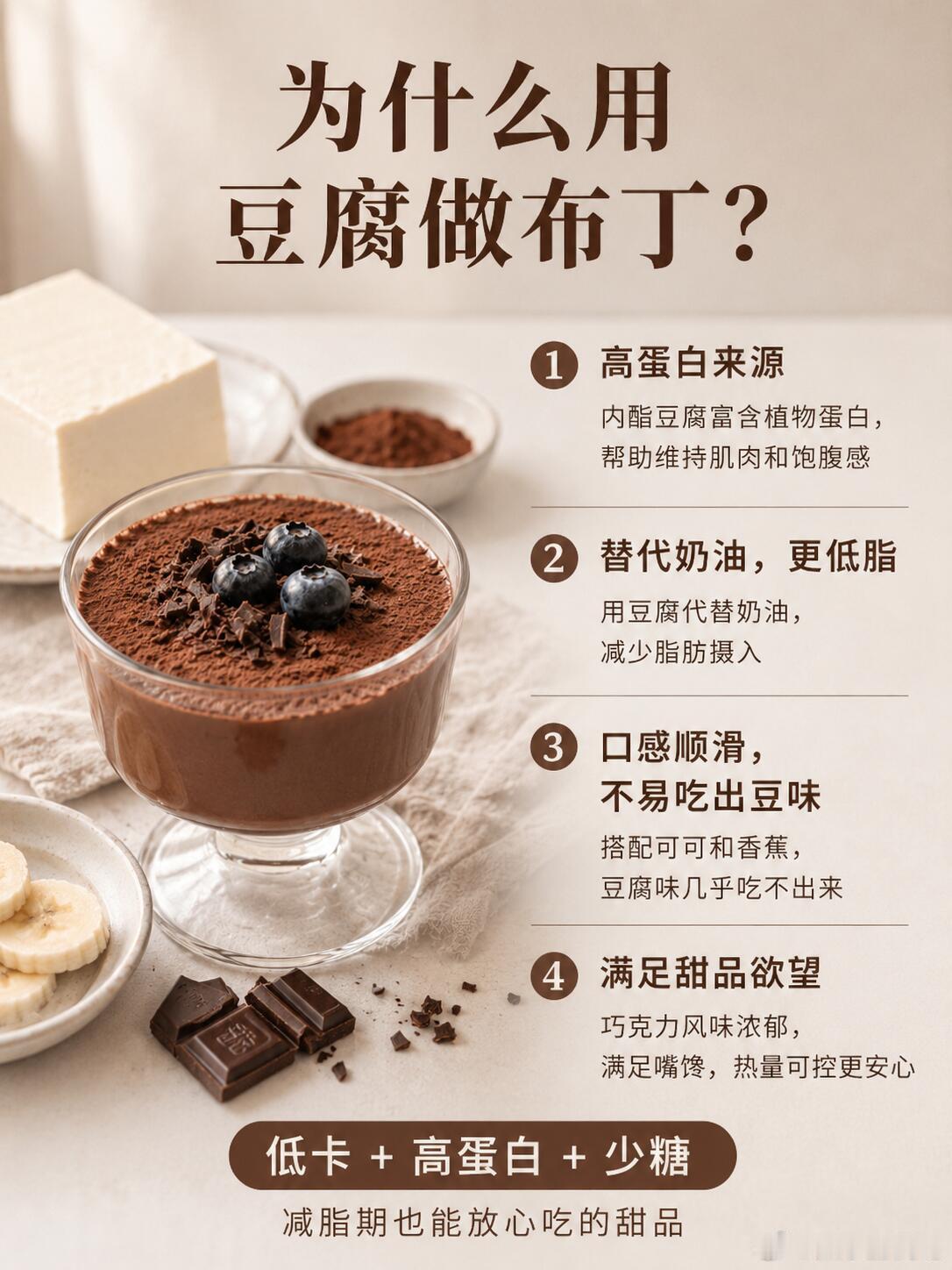 豆腐做的巧克力布丁，没想到豆腐也能做甜品。内酯豆腐搅打后很顺滑，加上纯可可粉和香