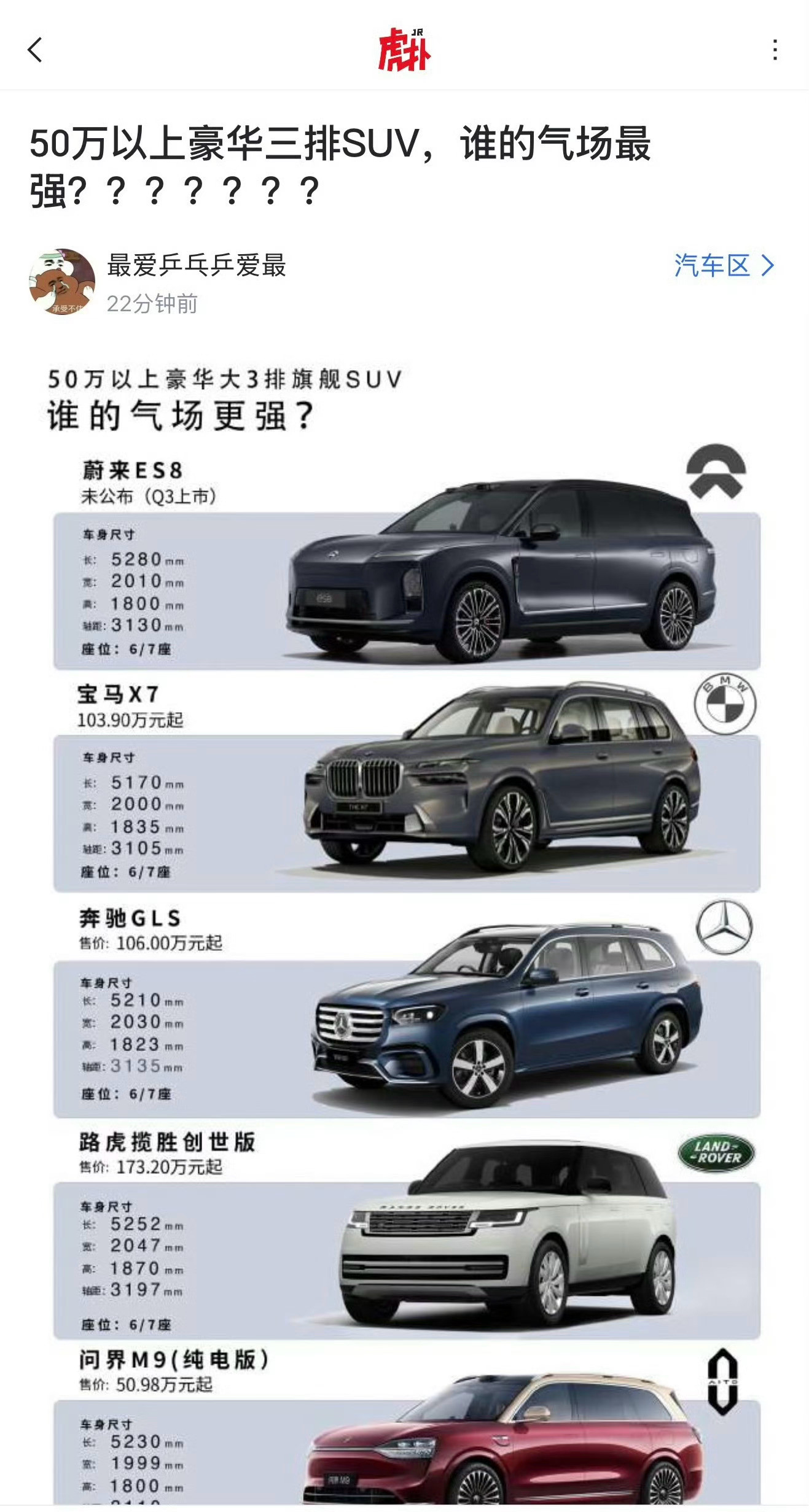 基本上还是一分价钱一分货吧，揽胜>奔驰GLS>宝马X7>蔚来ES8>问界M9。坦